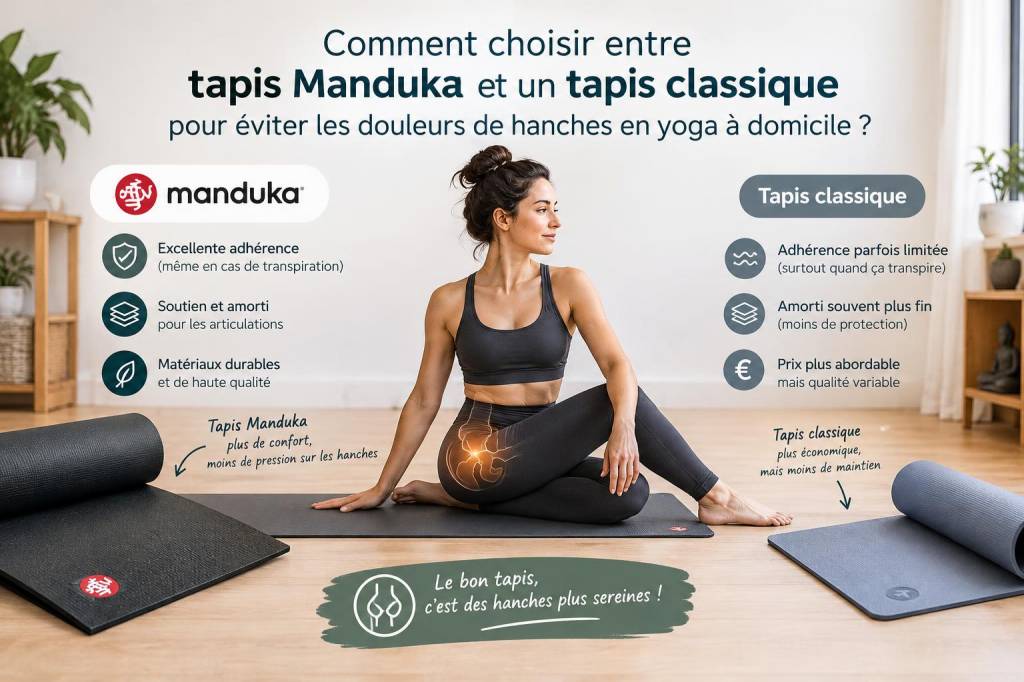 Comment choisir entre tapis manduka et un tapis classique pour éviter les douleurs de hanches en yoga à domicile